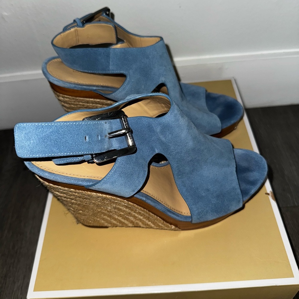 Blue Suede Wedge Sandals
